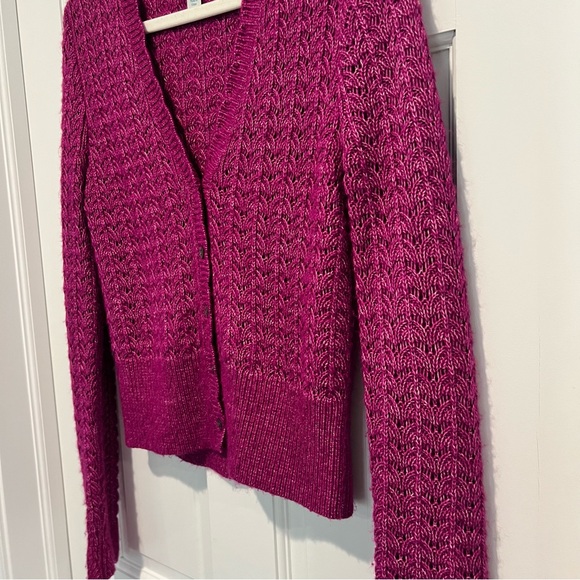 Sundance Leanna Pointelle Cardigan Small Fuchsia Pink Magenta Knit Button Front - Picture 4 of 6